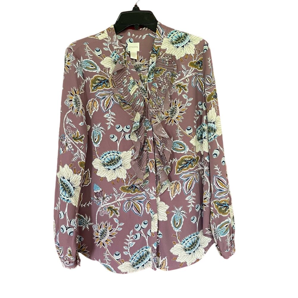 Chicos Top Mauve Button Up Ruffle Pleated Floral Sz 1 US M Long Sleeve‎ Business
